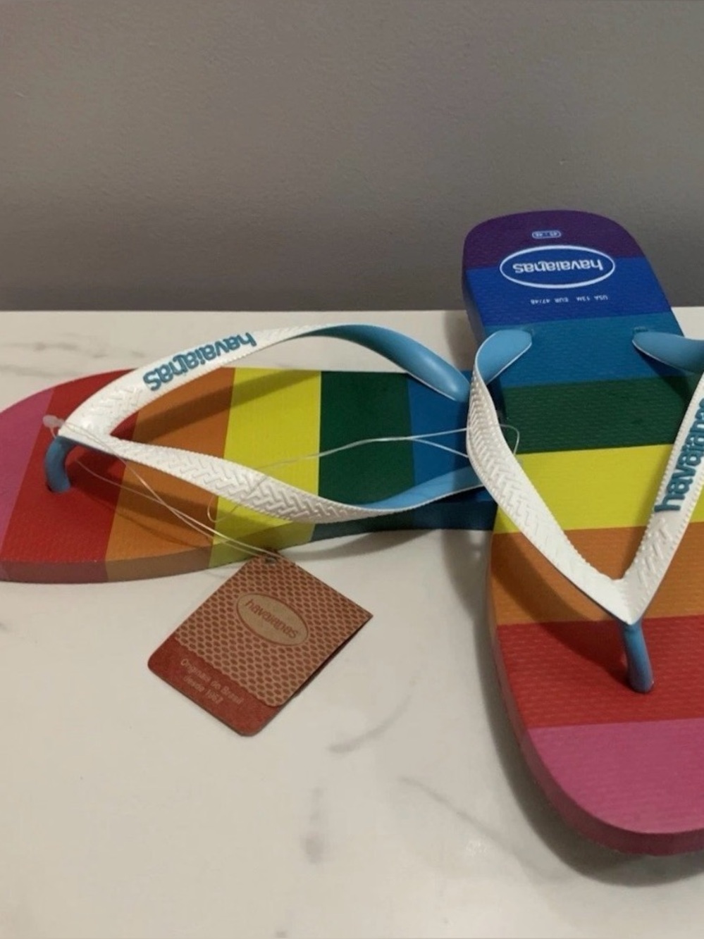 Havaianas Rainbow Flip Flops  Men's Size  US 13 EUR 47/48 - Light Blue Straps